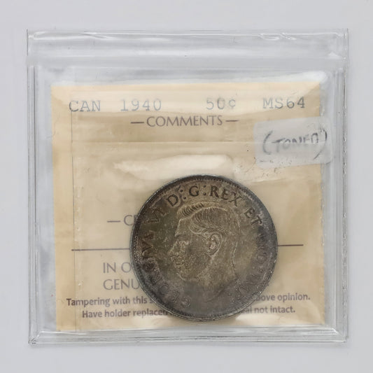 1940 Canada 50-cents ICCS Certified MS64 (Toned)