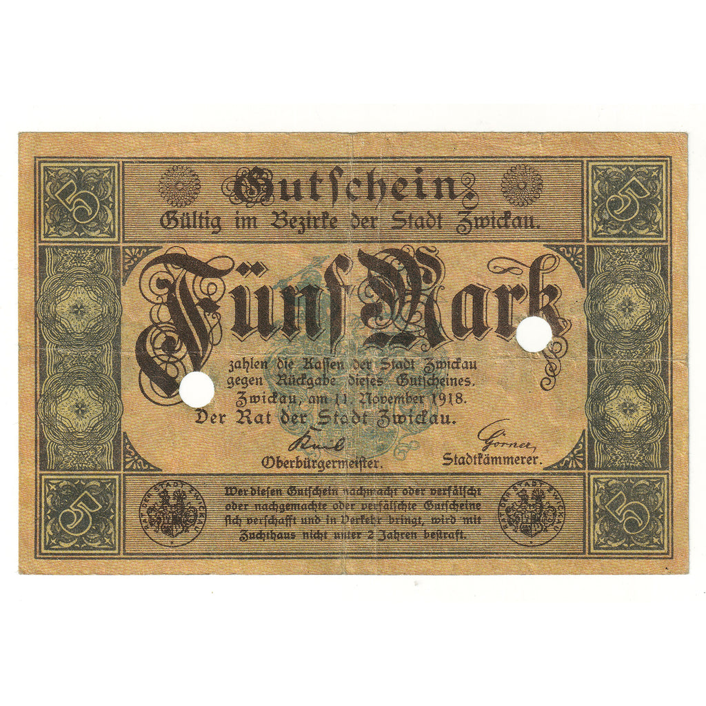 Germany 1918 Zwickau Gutschein 5 Mark Note