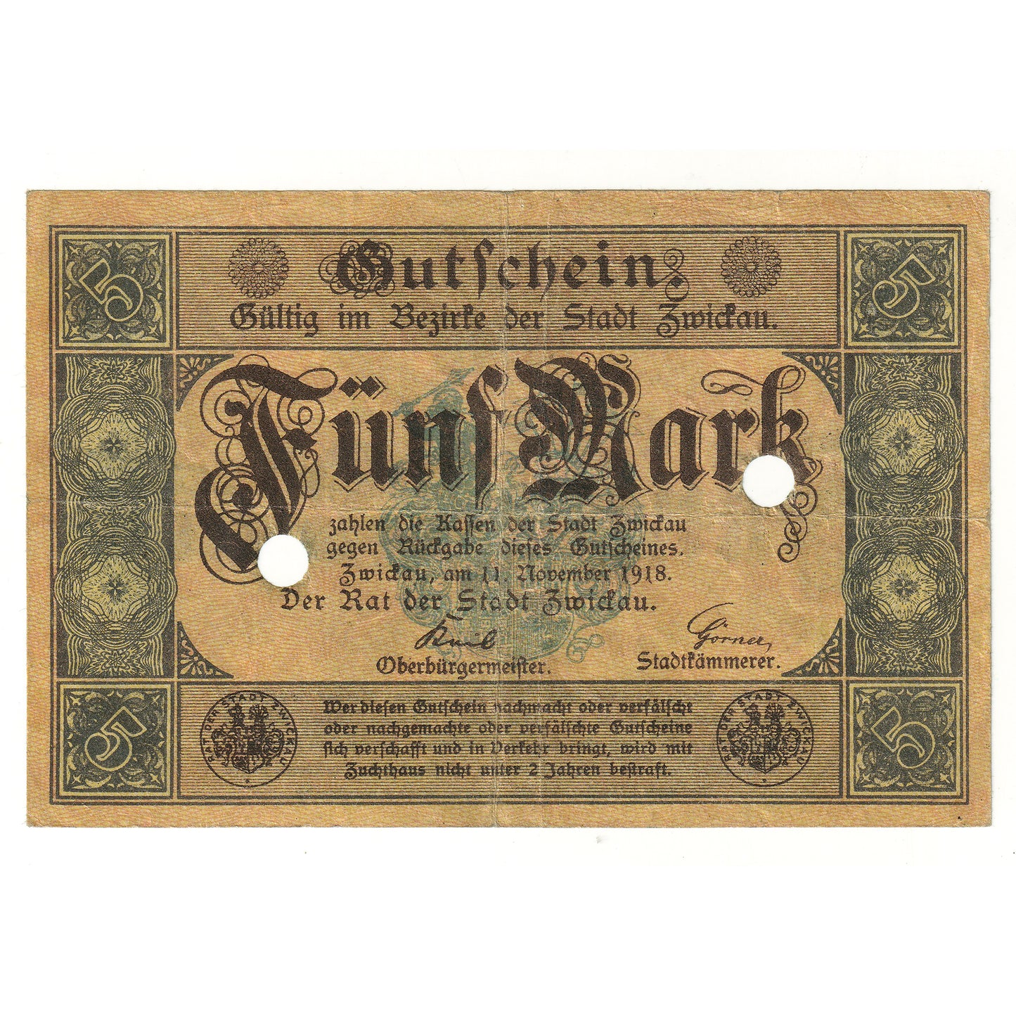 Germany 1918 Zwickau Gutschein 5 Mark Note