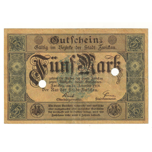 Germany 1918 Zwickau Gutschein 5 Mark Note