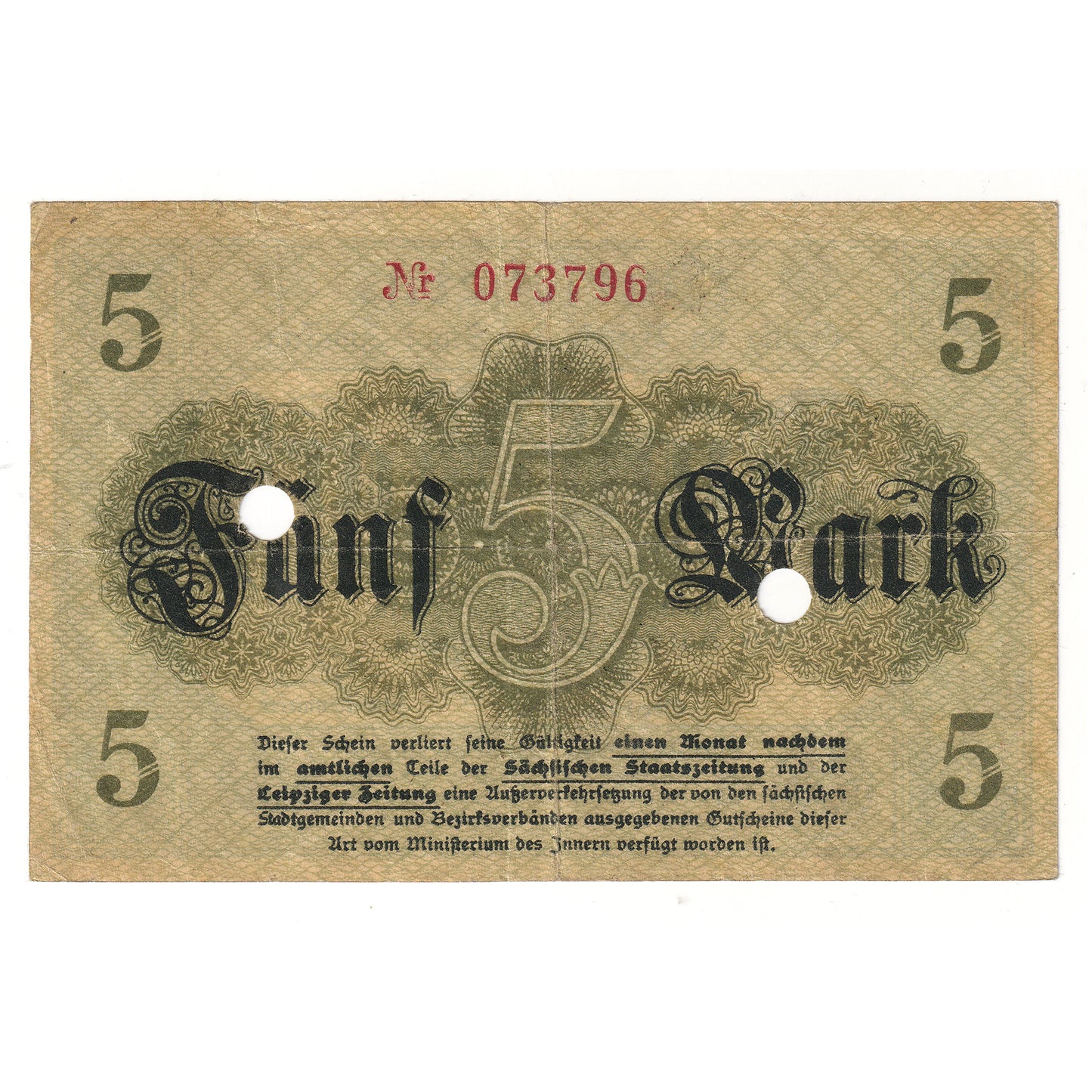 Germany 1918 Zwickau Gutschein 5 Mark Note