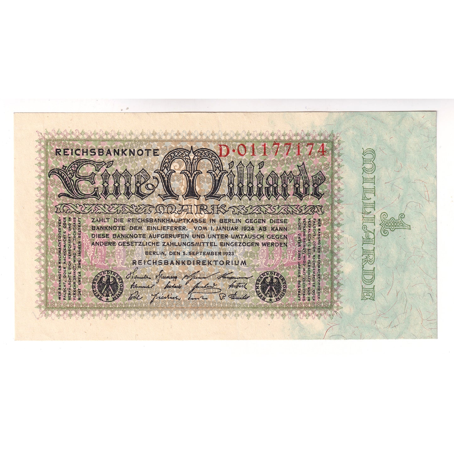Germany 1923 Reichsbank 1 Billion Mark Note, Pick #114, UNC (MS60)