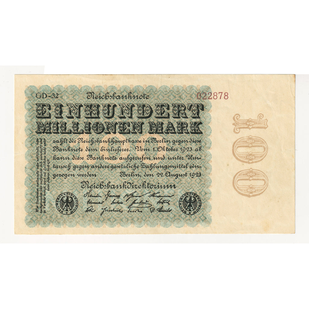 Germany 1923 100 Millon Mark Note, Pick #107