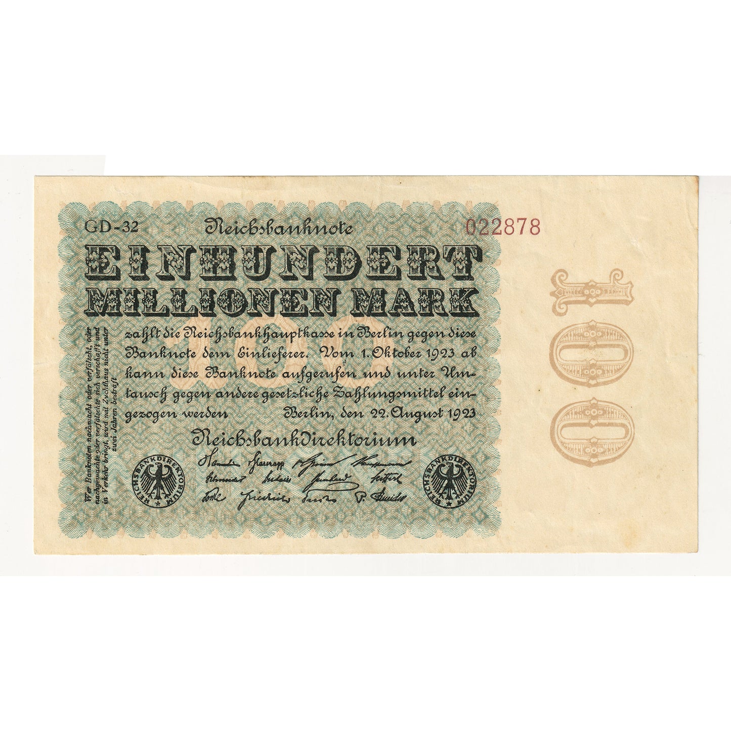 Germany 1923 100 Millon Mark Note, Pick #107