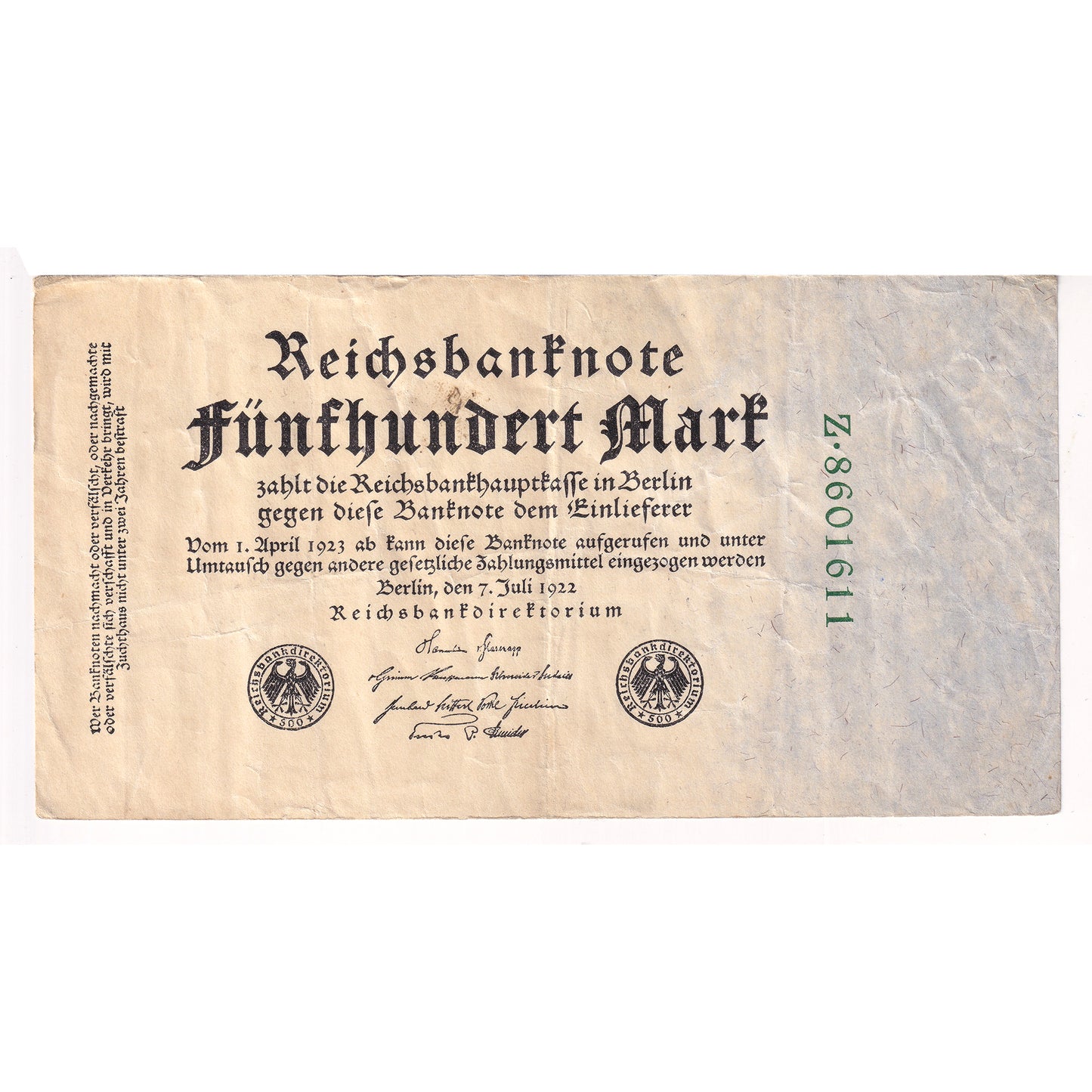 Germany 1922 500 Mark Note, 7 Digit Z8601611, Very Fine (VF20) Hole