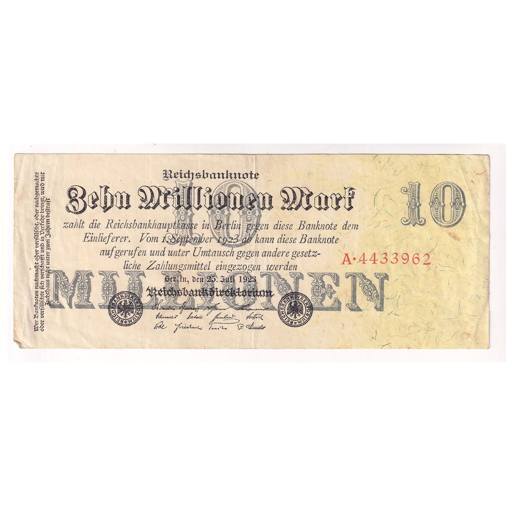 Germany 1923 10 Million Mark Note, Pick #96, Extra Fine (EF40)