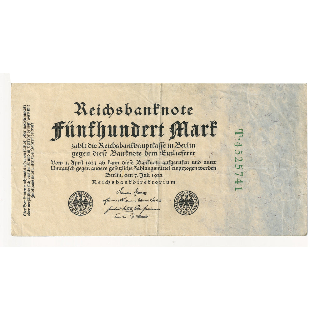Germany 1922 500 Mark Note, 7 Digit T4525741, Pick #74, Extra Fine (EF40)