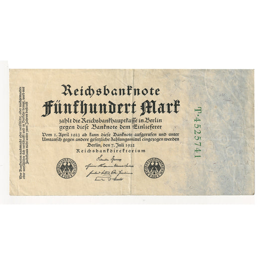 Germany 1922 500 Mark Note, 7 Digit T4525741, Pick #74, Extra Fine (EF40)