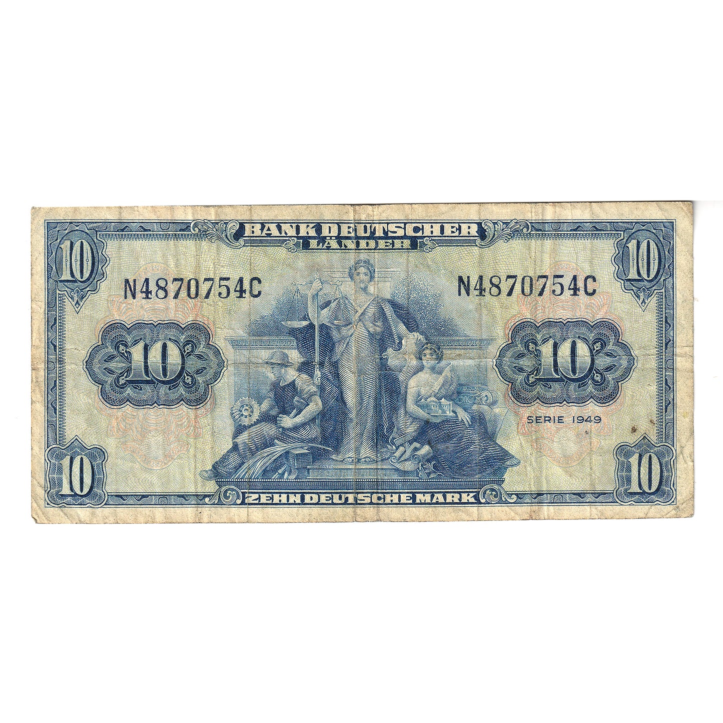 Germany 1949 10 Deutsche Mark Note, Pick #16a, Very Fine (VF20)