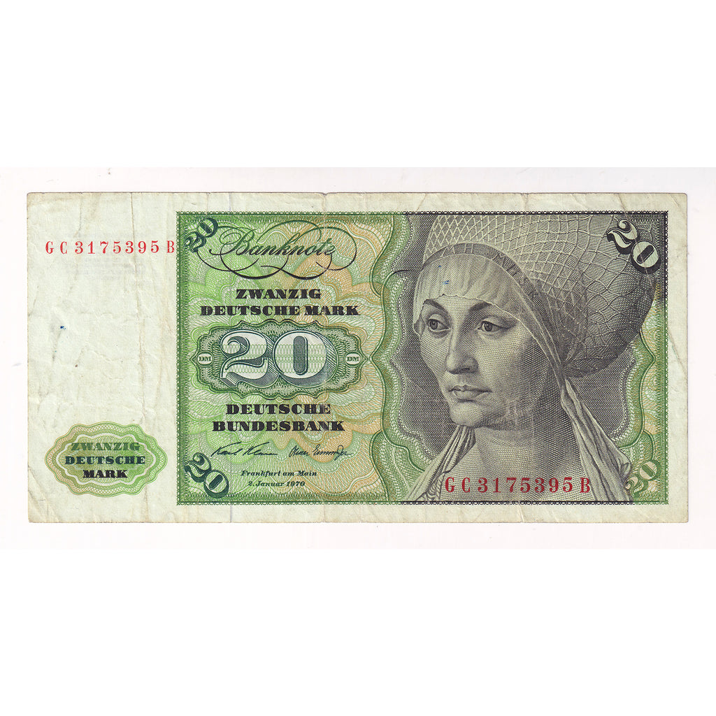 Germany 1970 20 Mark Note, Pick #32b, VF-EF (VF30)