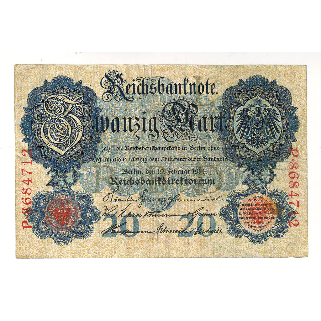 Germany 1914 20 Mark Watermark Note, 7 Digits P8684712, Pick #46 Extra Fine (EF40)