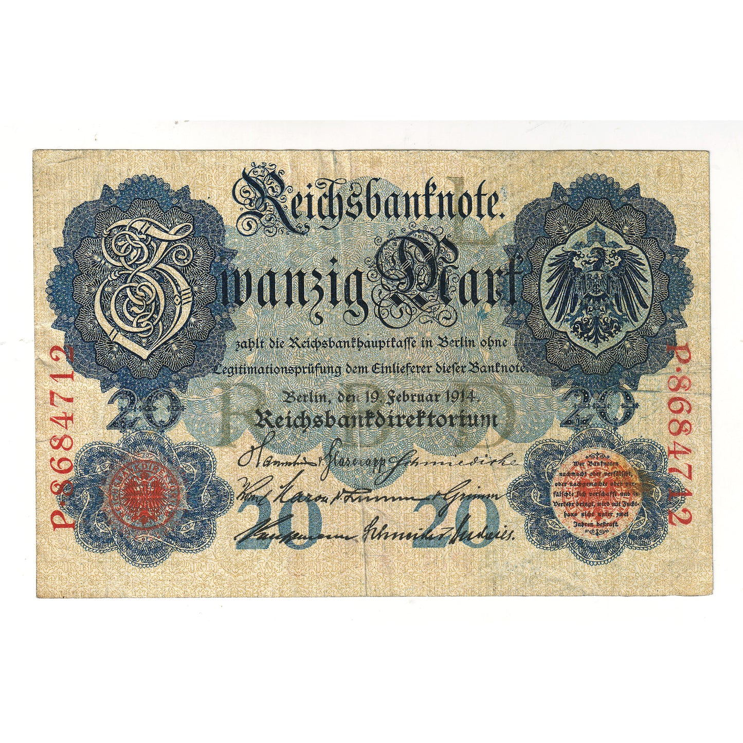 Germany 1914 20 Mark Watermark Note, 7 Digits P8684712, Pick #46 Extra Fine (EF40)