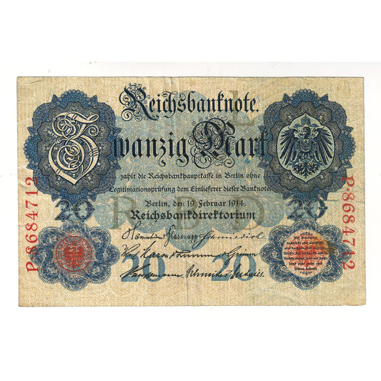 Germany 1914 20 Mark Watermark Note, 7 Digits P8684712, Pick #46 Extra Fine (EF40)