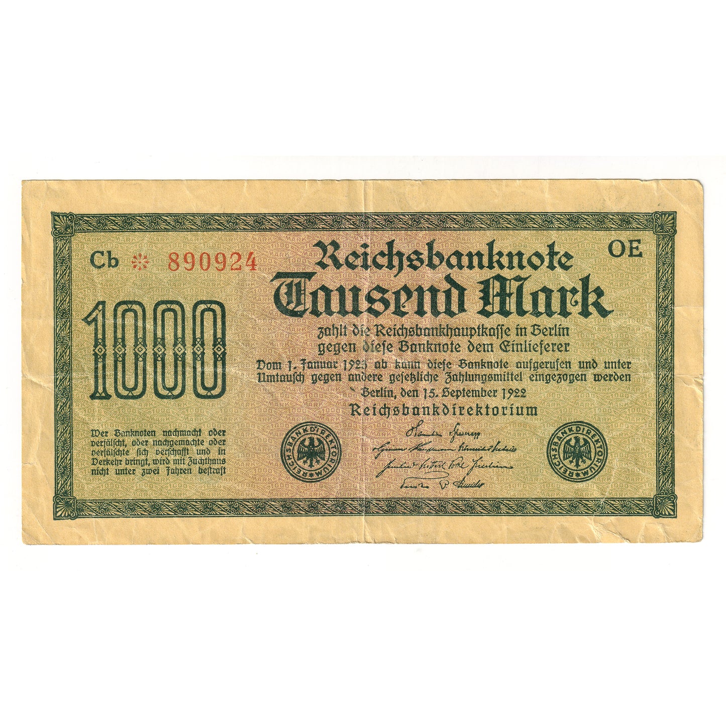 Germany 1922 1000 Mark Note, Pick #76, Extra Fine (EF40)