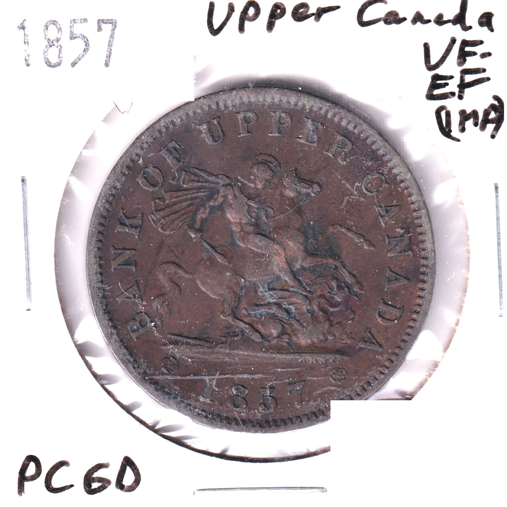 PC-6D 1857 Province of Canada, Bank of Upper Canada Penny Token VF-EF (VF30) Scratched, Cleaned or Impaired