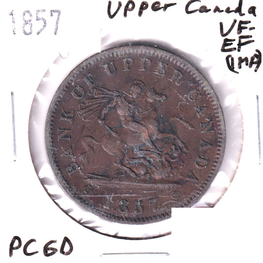 PC-6D 1857 Province of Canada, Bank of Upper Canada Penny Token VF-EF (VF30) Scratched, Cleaned or Impaired