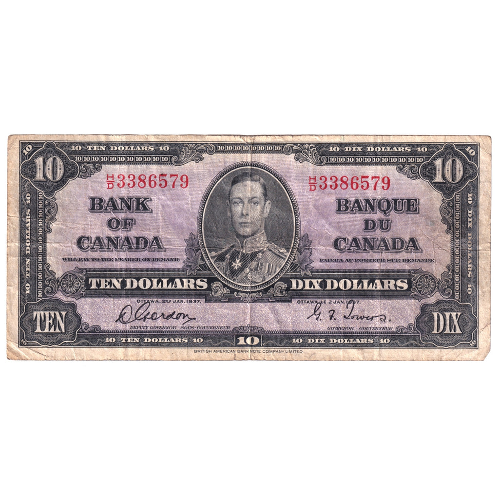 BC-24b 1937 Canada $10 Gordon-Towers, F (Tears, holes, or impaired)