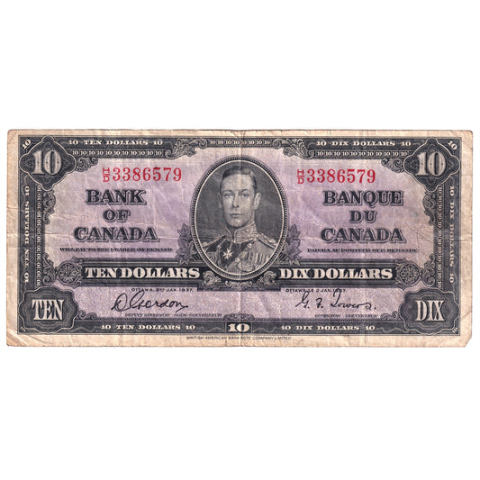 BC-24b 1937 Canada $10 Gordon-Towers, F (Tears, holes, or impaired)