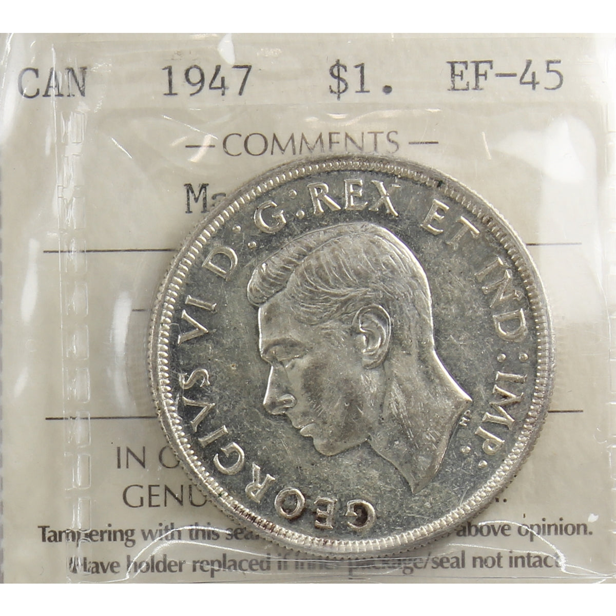 1947 Maple Leaf Canada Dollar ICCS Certified EF45