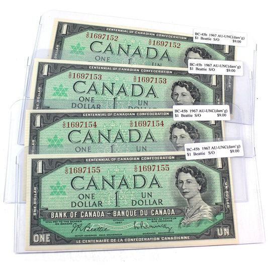 4x Sequential BC-45b 1967 Canada $1 Notes Beattie-Rasminsky, 4Pcs