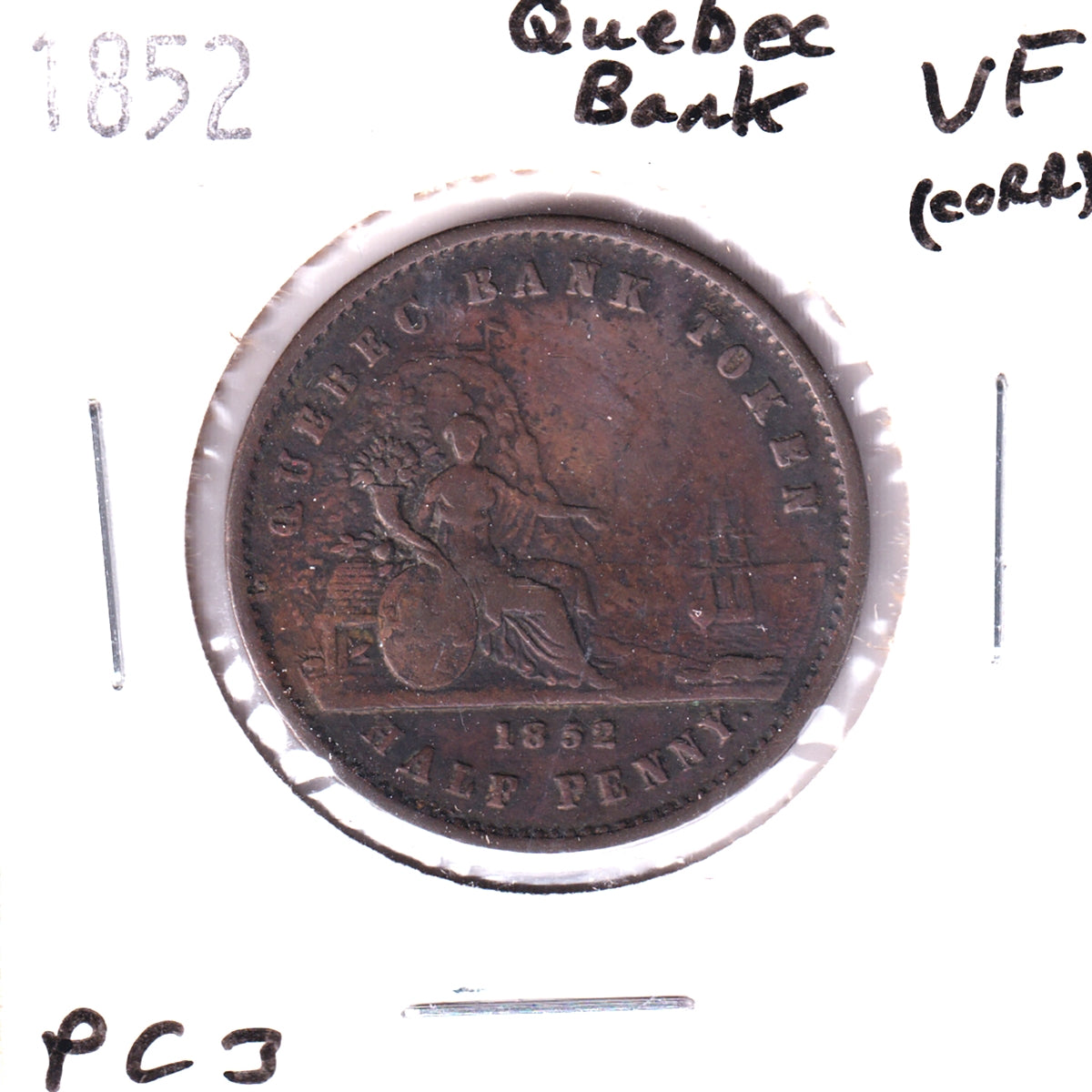PC-3 1852 Province of Canada Quebec Bank Half Penny Token Very Fine (VF-20) Impaired