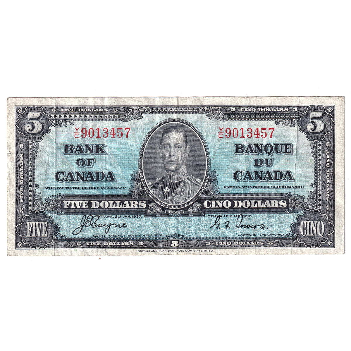 BC-23c 1937 Canada $5 Coyne-Towers, VF (Stains, tears or  impaired)