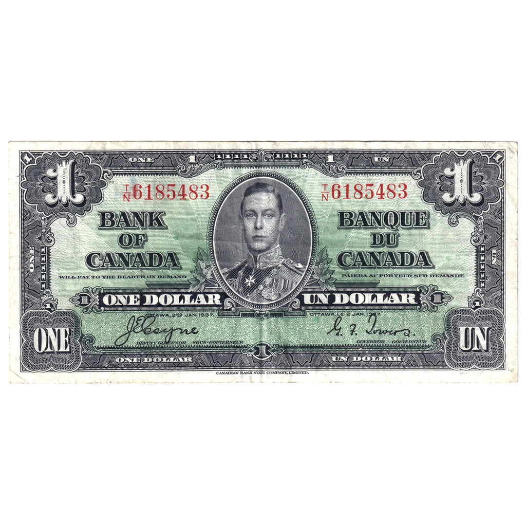 BC-21d 1937 Canada $1 Note, Coyne-Towers, Very Fine (VF20) Holes, tears, or damaged