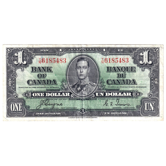 BC-21d 1937 Canada $1 Note, Coyne-Towers, Very Fine (VF20) Holes, tears, or damaged