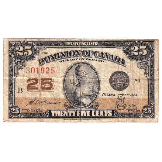 DC-24c 1923 Dominion 25-cent Shinplaster, McCavour, Fine (Tears, holes, or damaged)