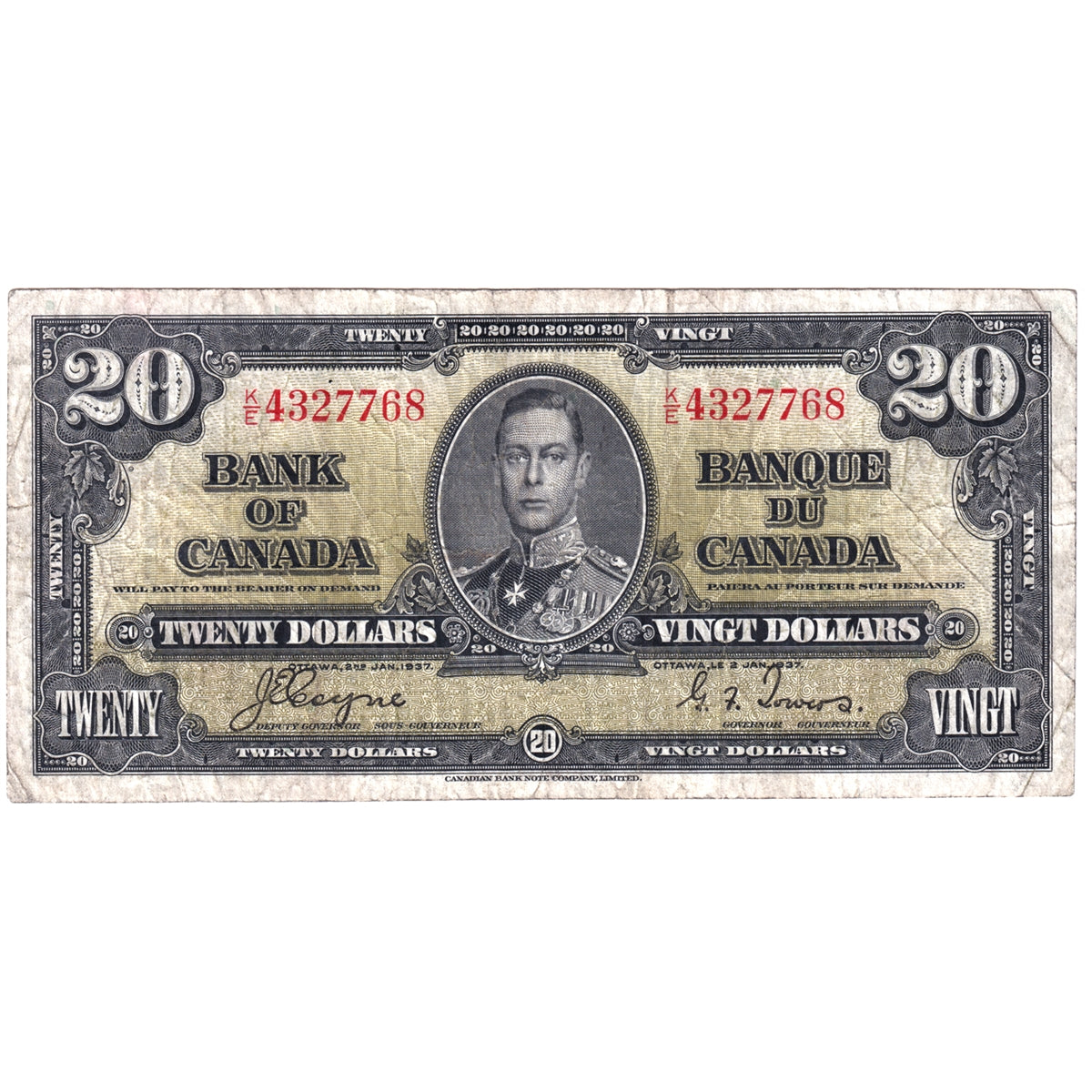 BC-25c 1937 Canada $20 Coyne-Towers, F-VF (F15) damaged