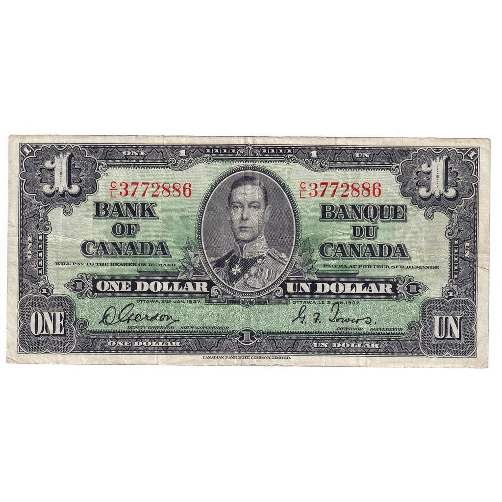 BC-21c 1937 Canada $1 Note, Gordon-Towers, Fine (F12) Tears, holes, or impaired