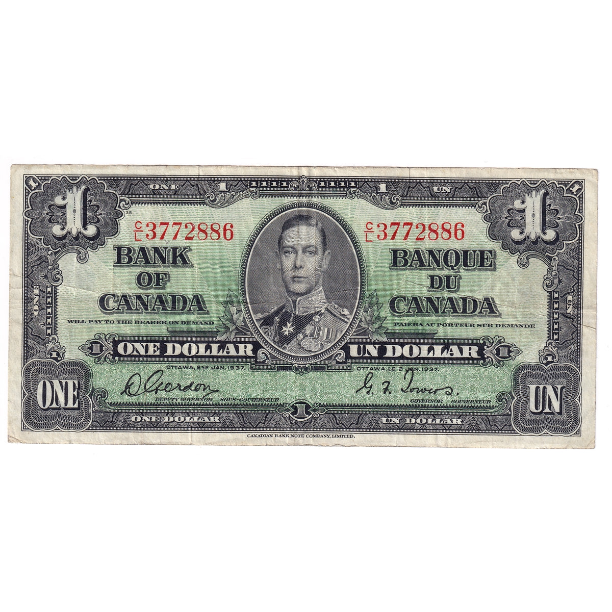 BC-21c 1937 Canada $1 Note, Gordon-Towers, Fine (F12) Tears, holes, or impaired
