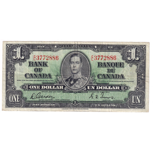 BC-21c 1937 Canada $1 Note, Gordon-Towers, Fine (F12) Tears, holes, or impaired