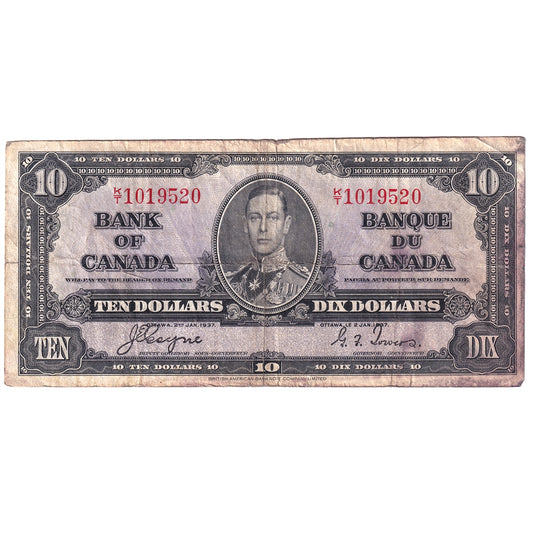 BC-24c 1937 Canada $10 Note, Coyne-Towers, Fine (Tears, holes, or damaged)