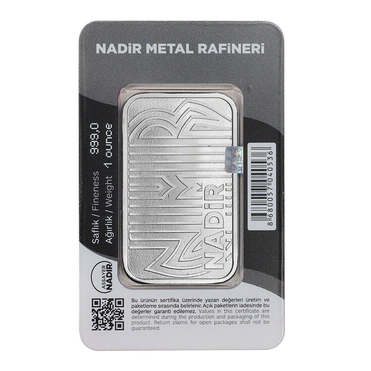 Nadir Metal Rafineri 1oz 999.0 Fine Silver Bars (No Tax) - White Toning