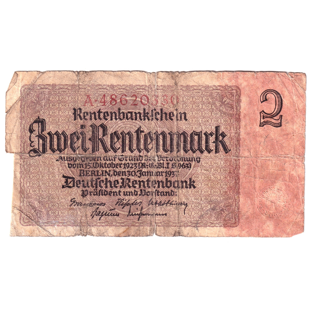 Germany 1937 2 Rentenmark Note, Pick #174b, Circ