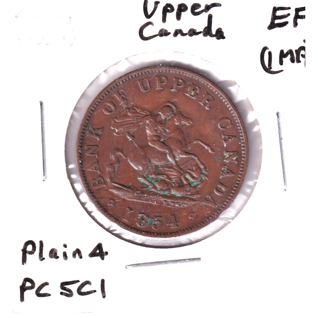 PC-5C1 1854 Province of Canada, Upper Canada Plain 4 Half Penny Token EF-40 (Impaired)