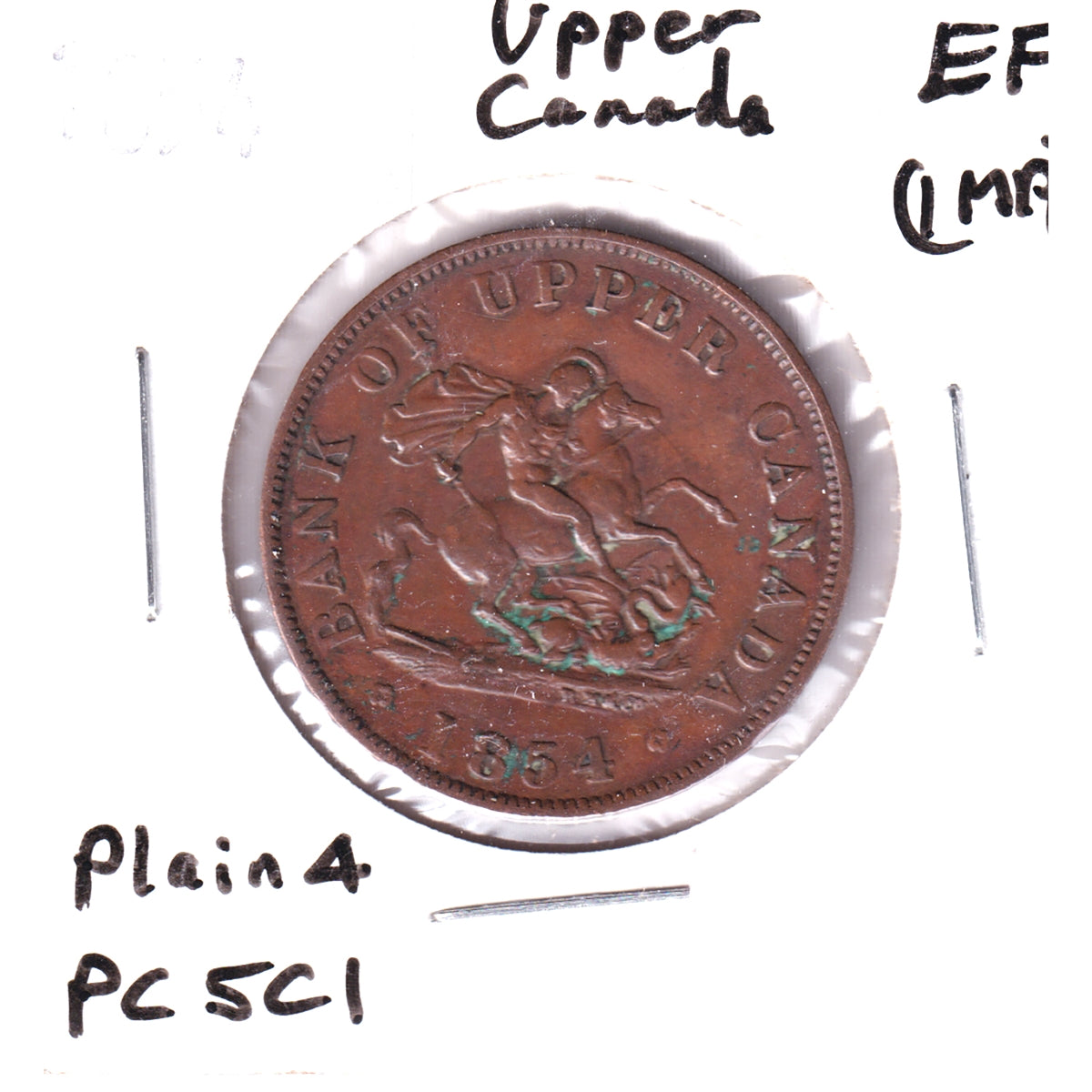 PC-5C1 1854 Province of Canada, Upper Canada Plain 4 Half Penny Token EF-40 (Impaired)