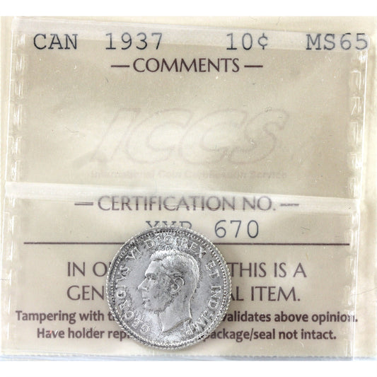 1937 Canada 10-cents ICCS Certified MS65