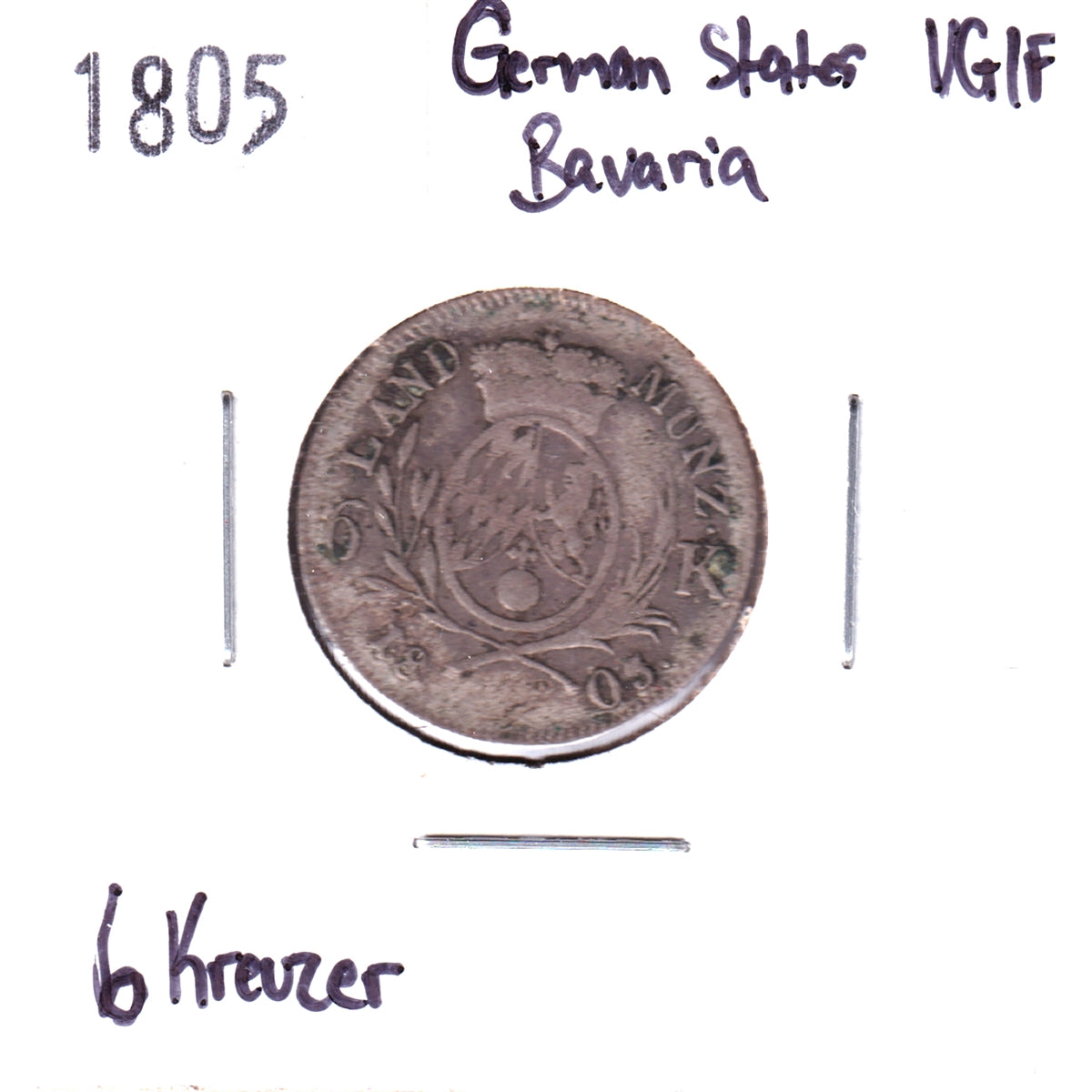 German States 1805 Bavaria 6 Kreuzers, .333 Billon Silver, VG-F (VG10)