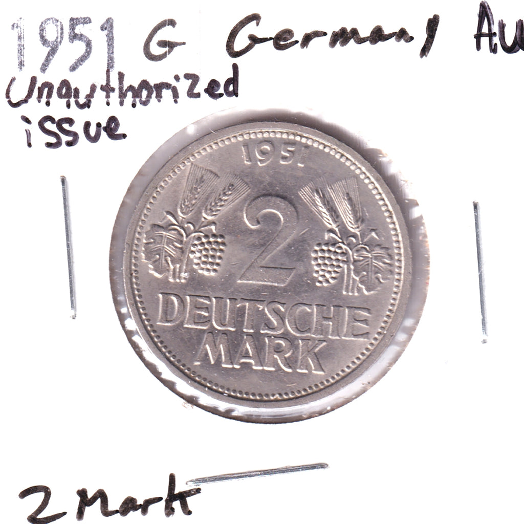 Germany 1951G 2 Mark, Unauthorized Restrike, AU50 - One year only, scarce mint mark