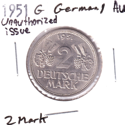 Germany 1951G 2 Mark, Unauthorized Restrike, AU-50 - One year only, scarce mint mark