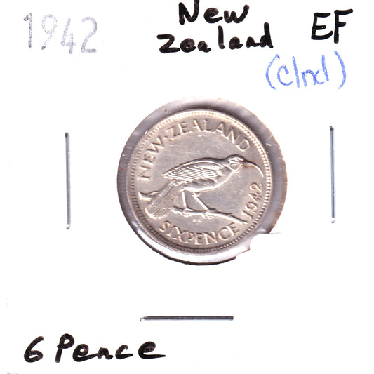 New Zealand 1942 6 Pence .500 Silver, Extra Fine (EF-40) Cleaned