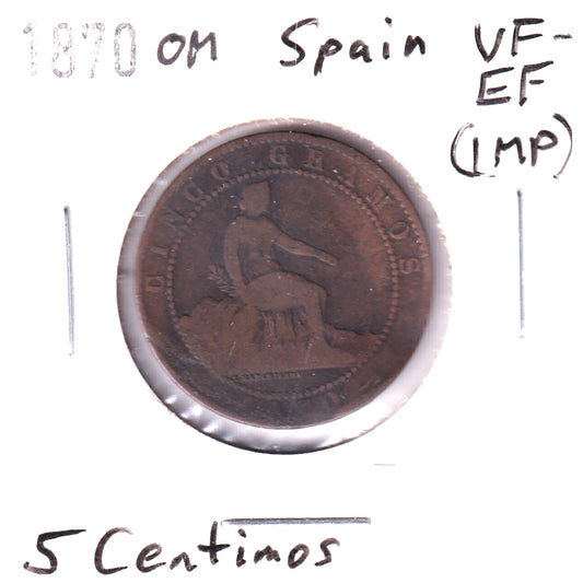 Spain 1870 OM 5 Centimos VF-EF (VF-30) Impaired