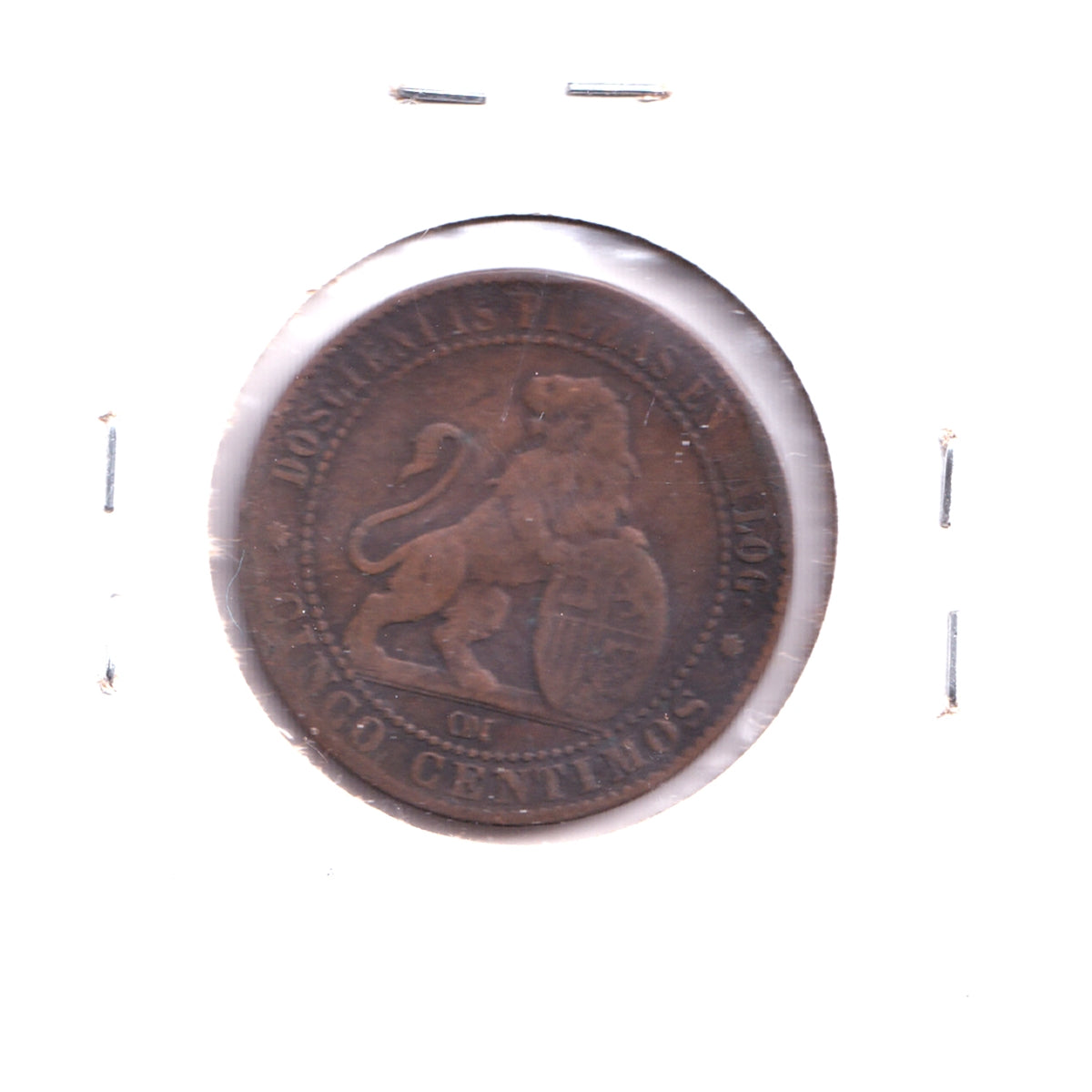 Spain 1870 OM 5 Centimos VF-EF (VF-30) Impaired