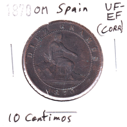Spain 1870 OM 10 Centimos VF-EF (VF30) Corrosion