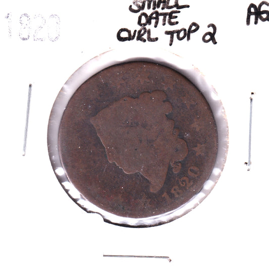 1820 Small Date, Curl Top 2 USA Cent About Good (AG-3)