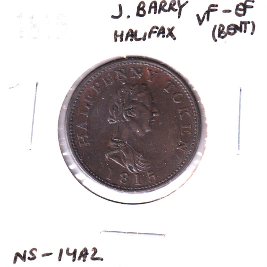 NS-14A2 1815 Nova Scotia John Alexr. Barry Copper Halfpenny Token, VF-EF (VF30) Bent