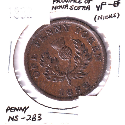 NS-2B3 1832 Nova Scotia George IV Thistle Penny Token, Engrailed, VF-EF (VF30) Nicks