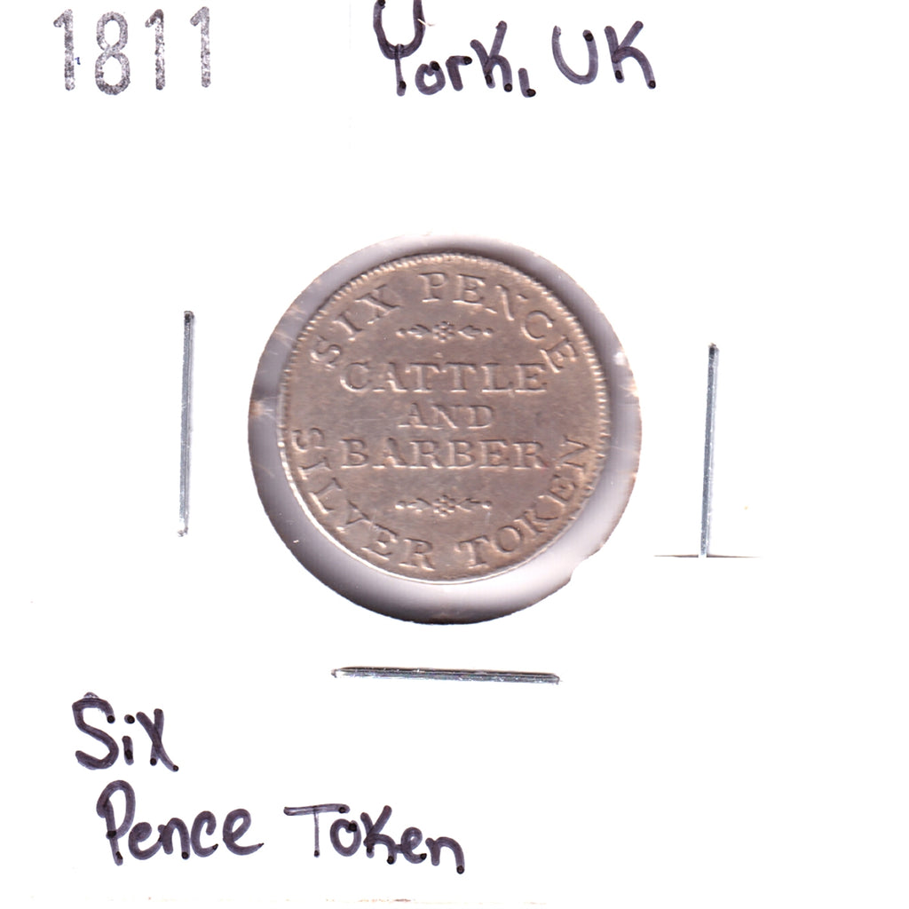 1811 York, UK, Cattle and Barber 6 Pence Silver Token